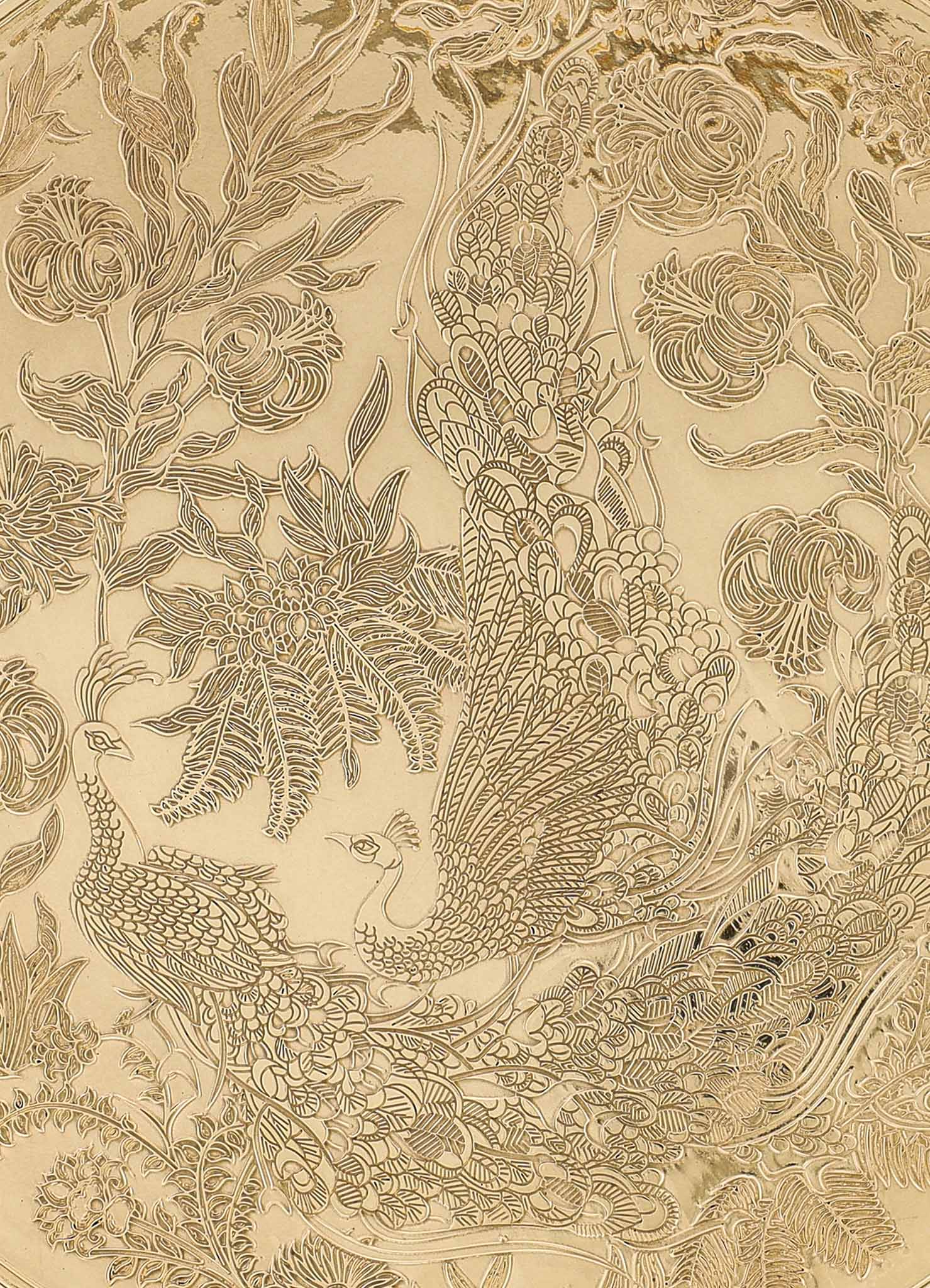 Gold foil wallpaper with intricate floral and peacock motifs, featuring detailed linework and a luxurious, ornate style. The design combines natural elements and decorative patterns in a metallic gold tone.