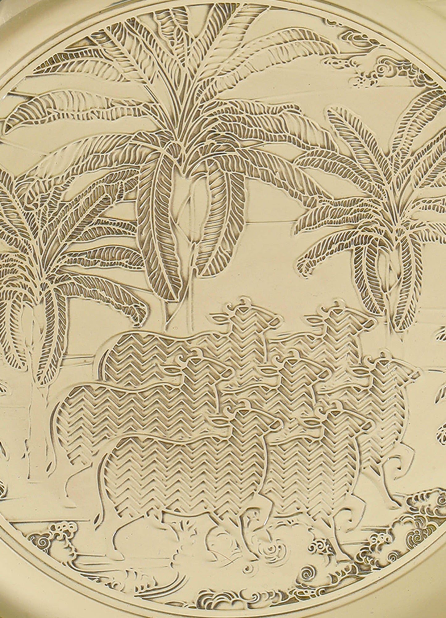 Decorative wall panel featuring intricate carvings of palm trees and goats, crafted from light-colored material with detailed, engraved motifs. The design combines natural elements with a handcrafted, artisanal style.