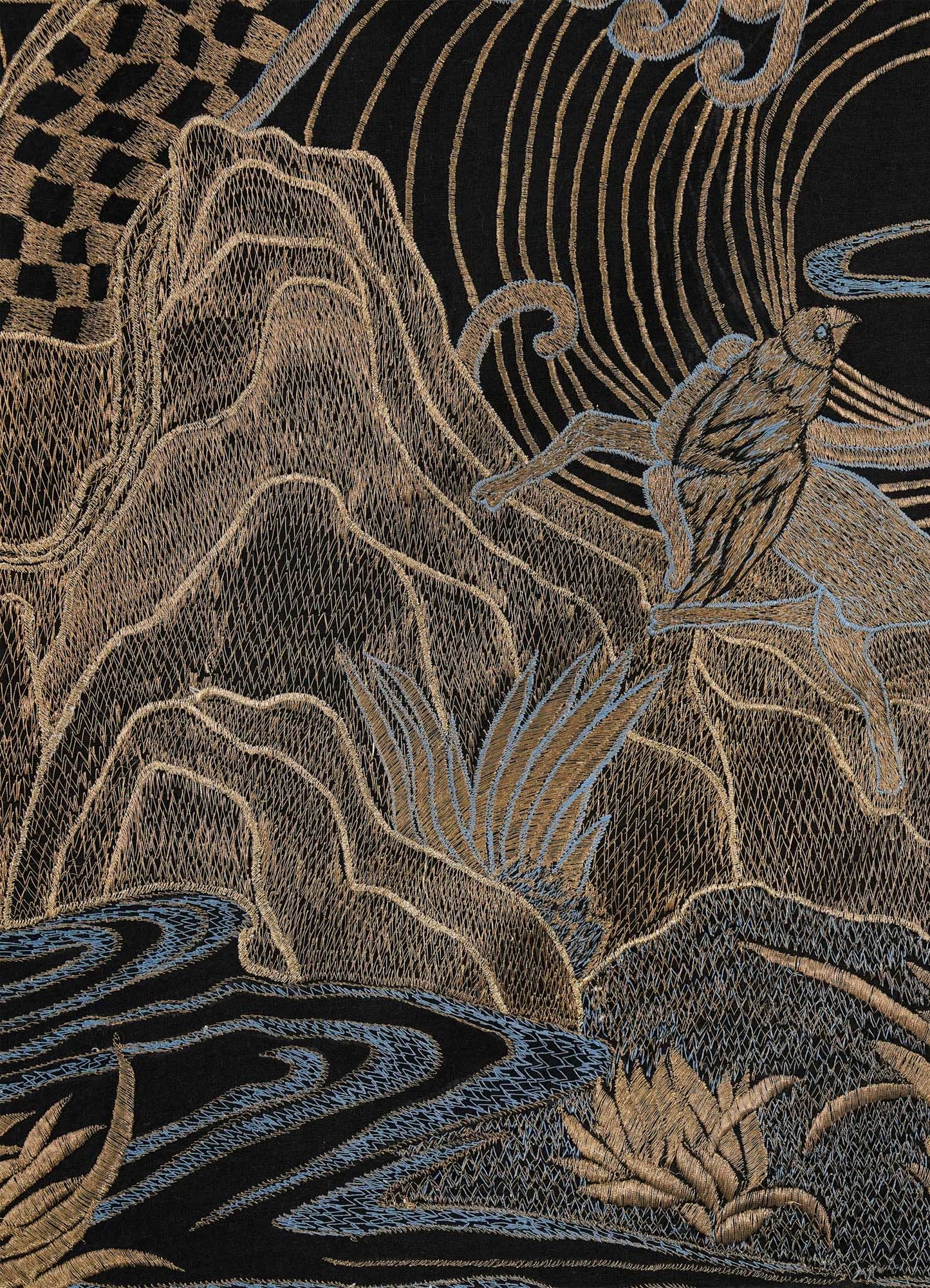 A close-up of Viya’s Dreamscape Black & Gold Embroidered Bedcover highlights its symbolic motifs and the intricate craftsmanship that defines this elegant textile.