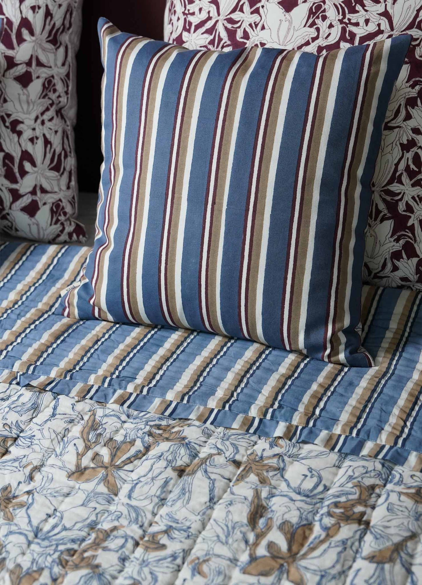 Spring Bouquet Blue & Maroon Cushion Cover 18"x18"