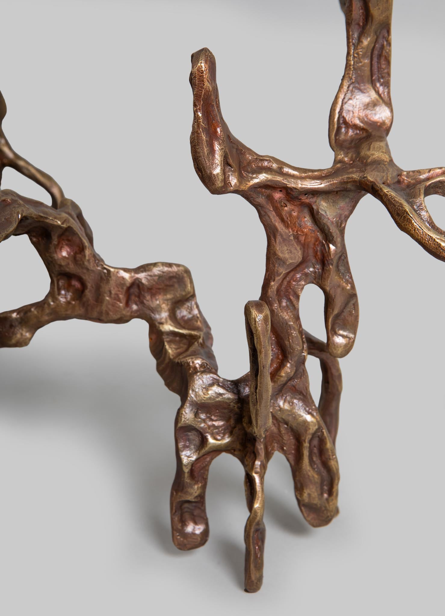 Bronze sculpture with an organic, abstract form, featuring textured, flowing contours and a metallic finish. The piece has a contemporary style with natural, sculptural motifs.