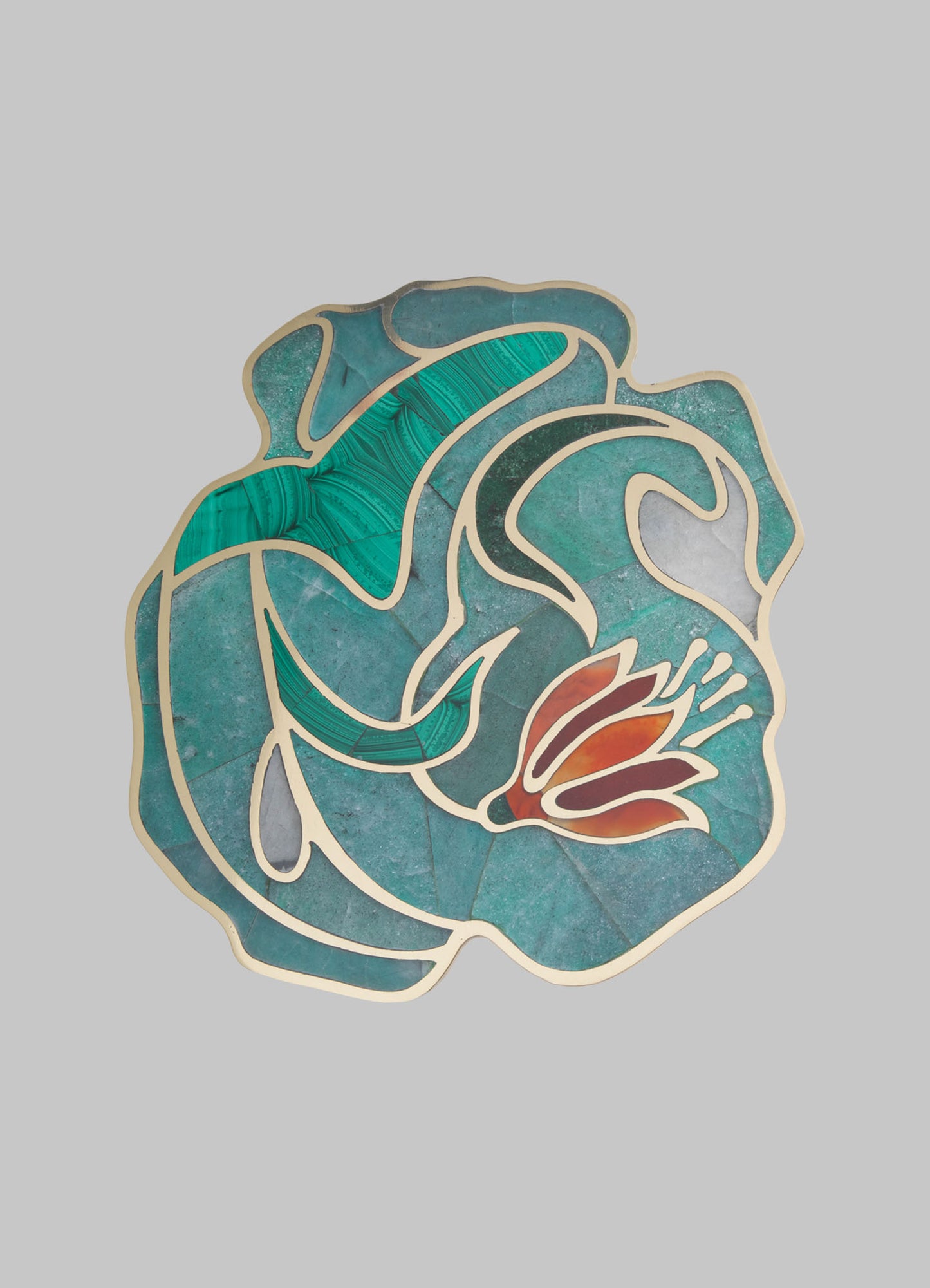 A decorative wall art piece featuring an abstract floral design with layered, stained glass-like elements in shades of turquoise, green, and rust, outlined with metallic gold edging, on a light gray background.