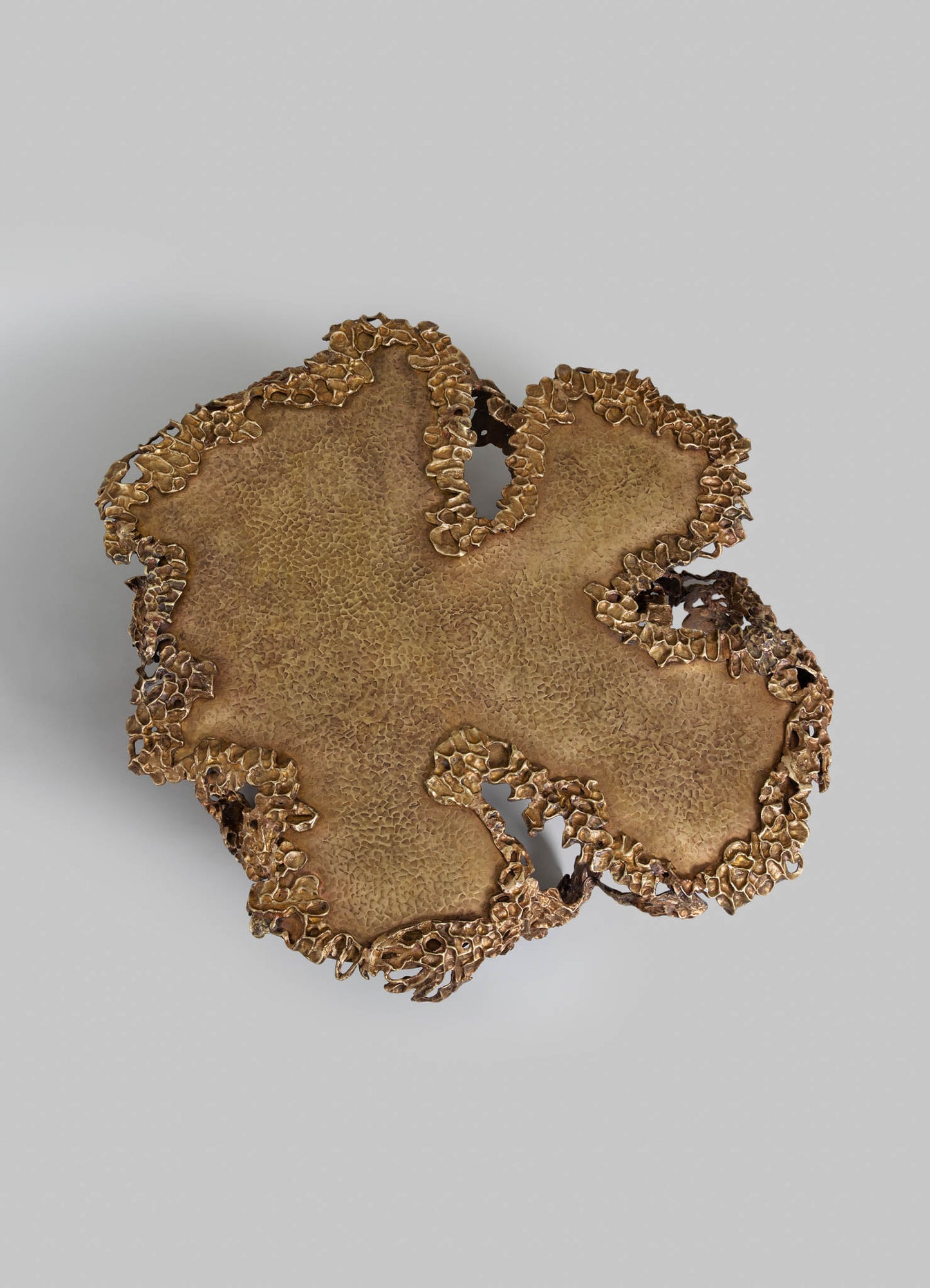A decorative tray with an irregular, organic shape featuring a textured, beige surface and a metallic, ruffled bronze border.