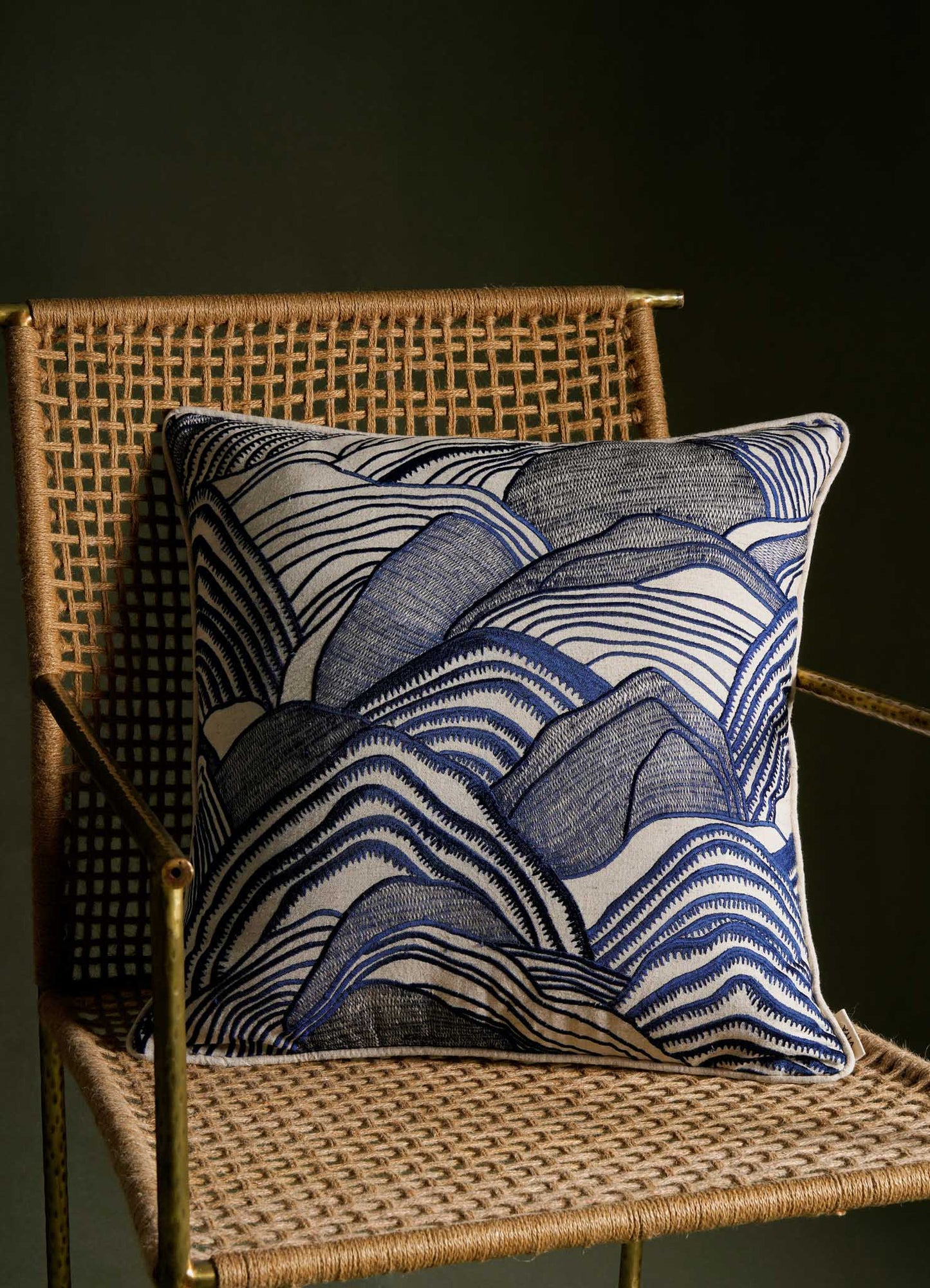Dreamscape Blue Embroidered Mounds Cushion Cover 18"x18"