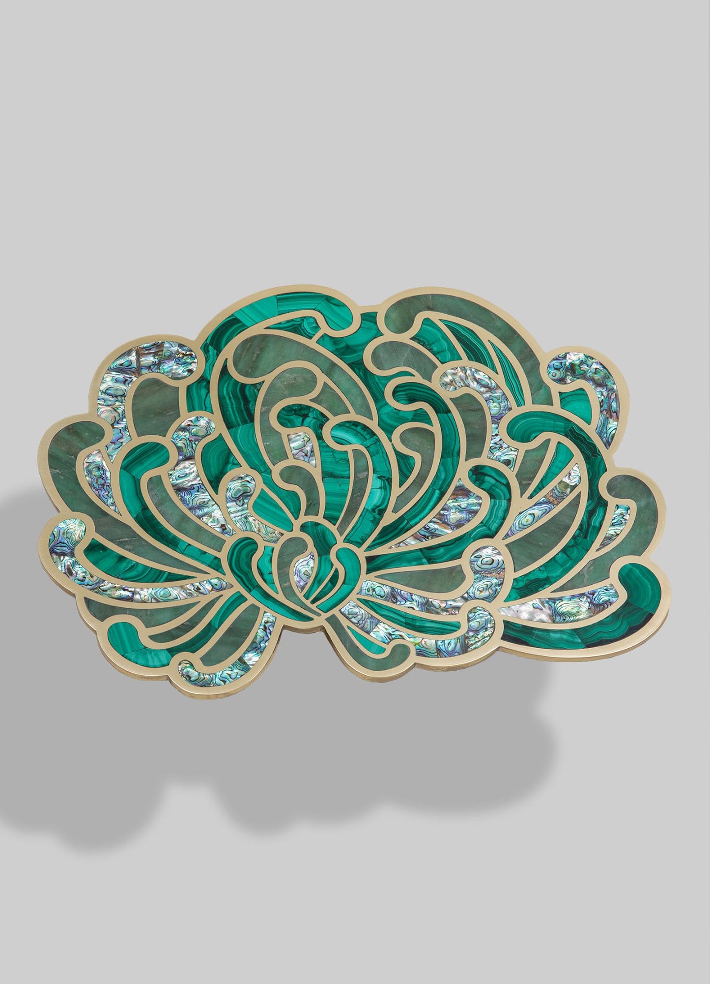 Decorative jewelry box with floral motifs and an intricate pattern featuring shades of turquoise, green, and iridescent accents, outlined with a metallic gold border. Made from shell or resin material, designed for luxury and handcrafted styling.