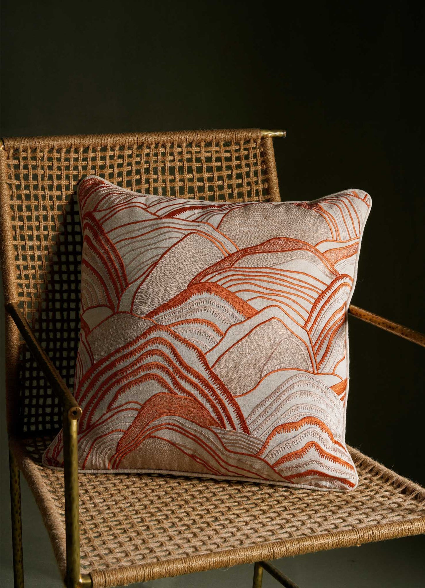 Dreamscape Orange Embroidered Mounds Cushion Cover 18"x18"