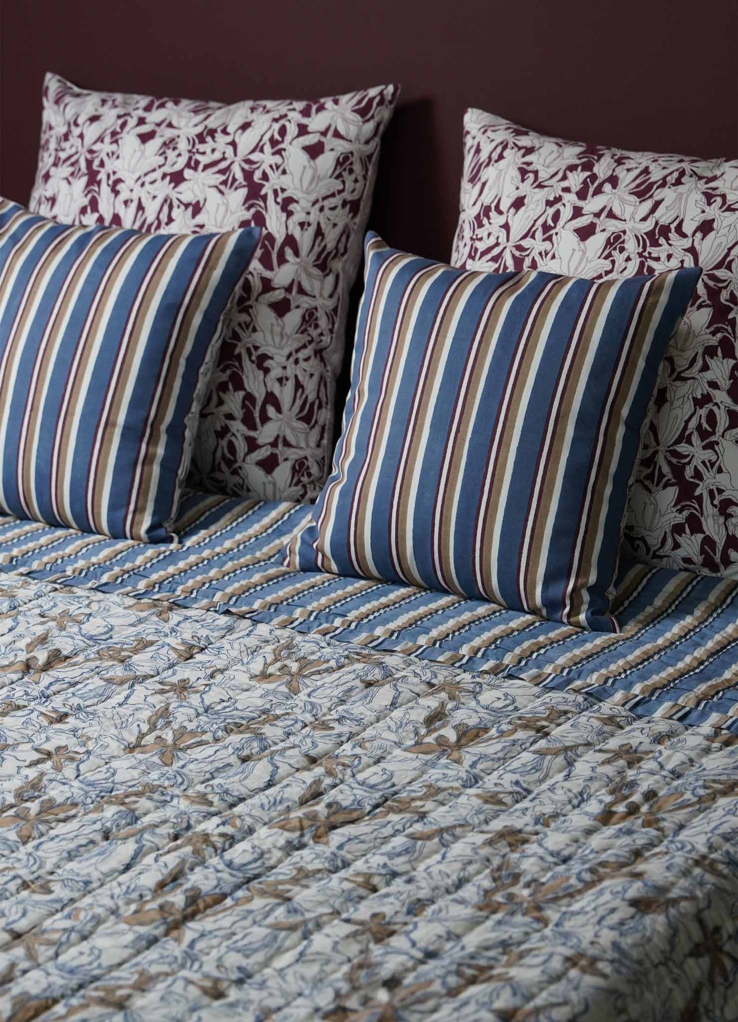 Spring Bouquet Blue & Maroon King Size Quilt