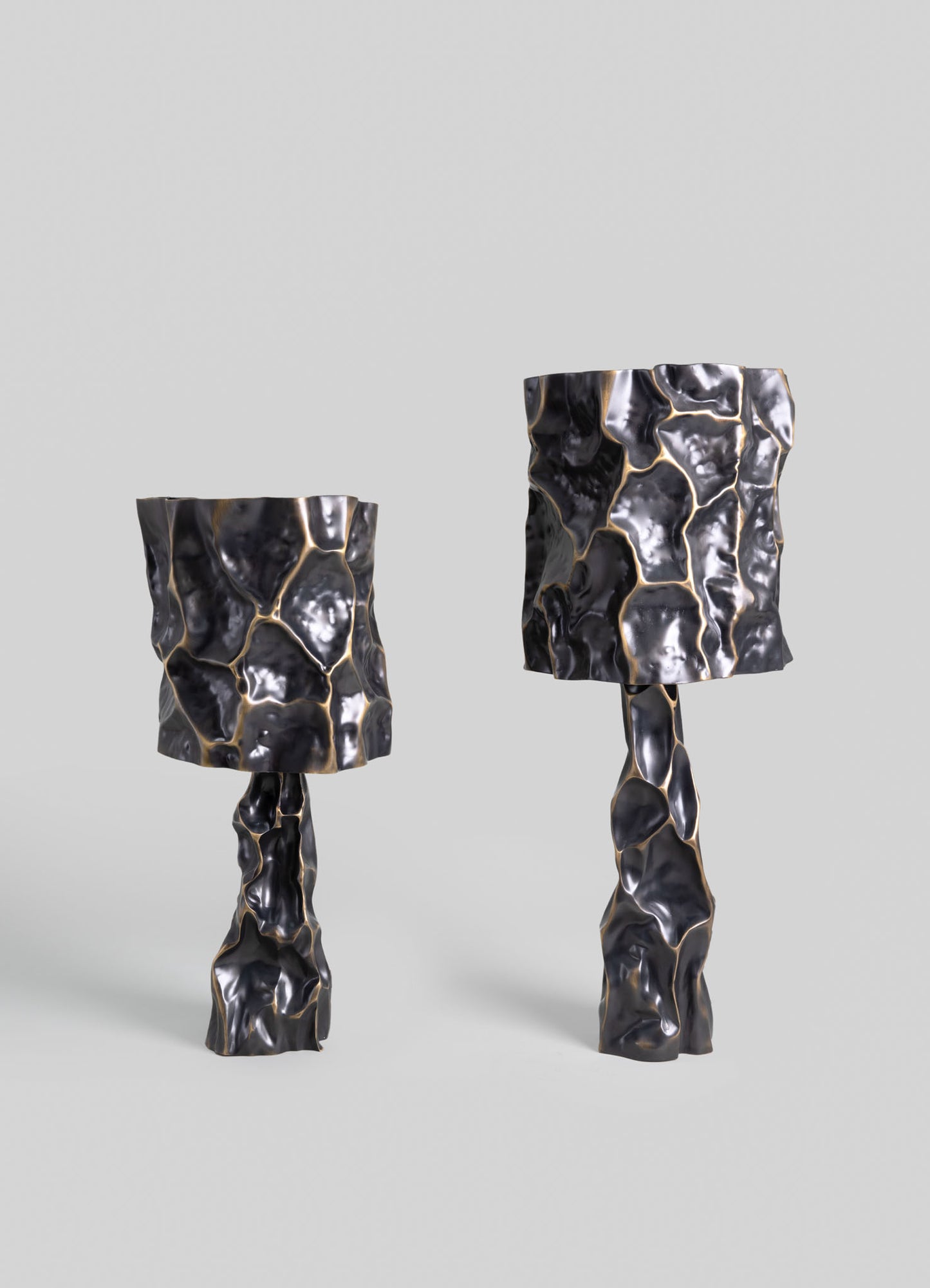 Pair of sculptures with organic, irregular shapes featuring a textured black and silver metallic finish, resembling geological formations or abstract art objects. The sculptures have a sculptural, contemporary style with a polished, reflective surface.