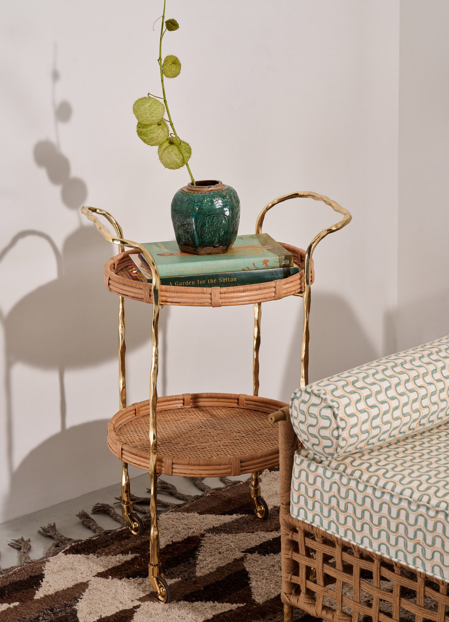 The VIYA Assam Brass & Cane Trolley displays a green vase with leafy plant and a stack of books, placed beside a patterned cushioned seat and geometric rug in a sunlit room.