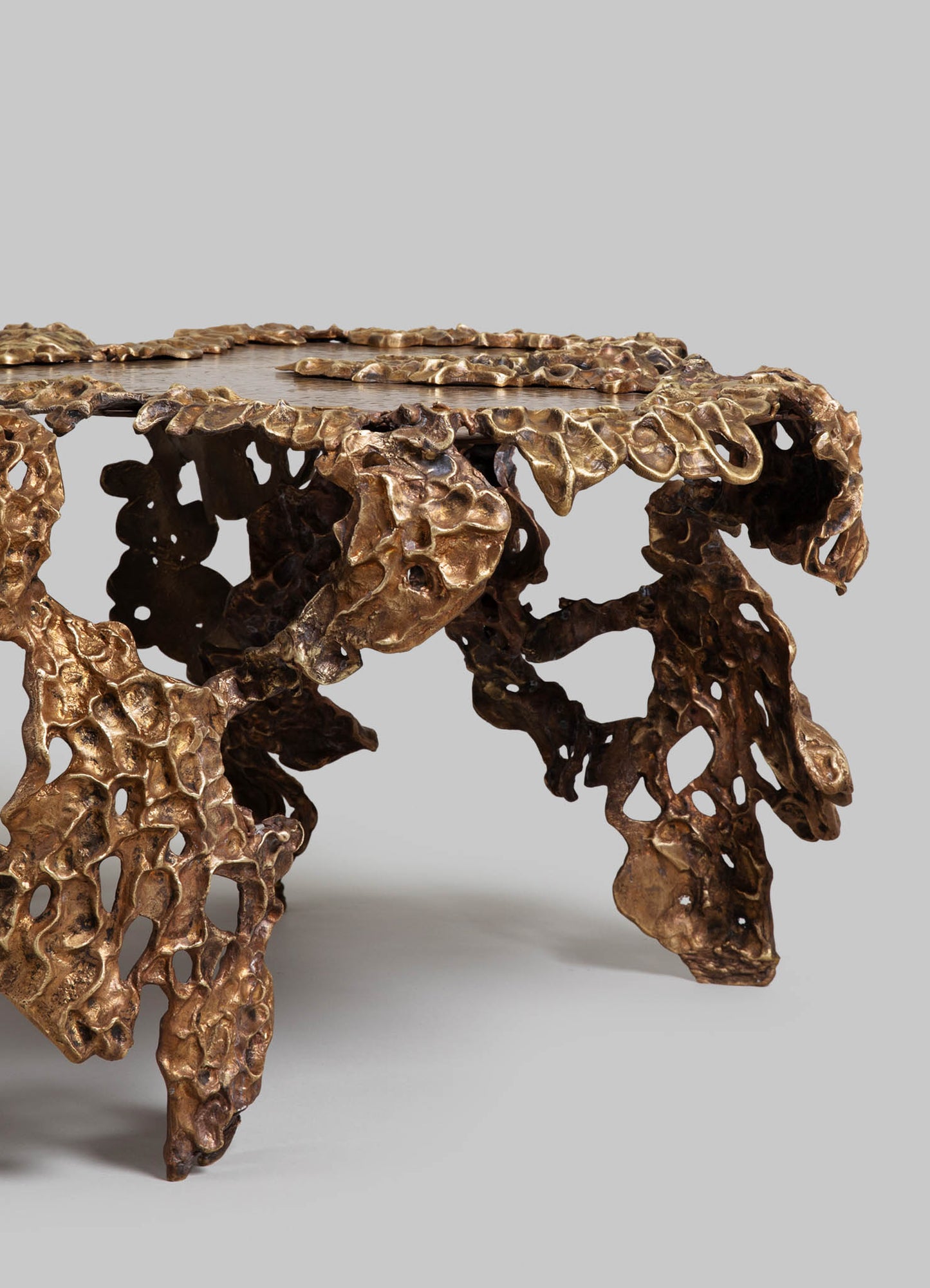 A sculptural side table made of textured brass with an organic, coral-like design and a hammered finish, featuring intricate, irregular perforations and an earthy metallic tone.