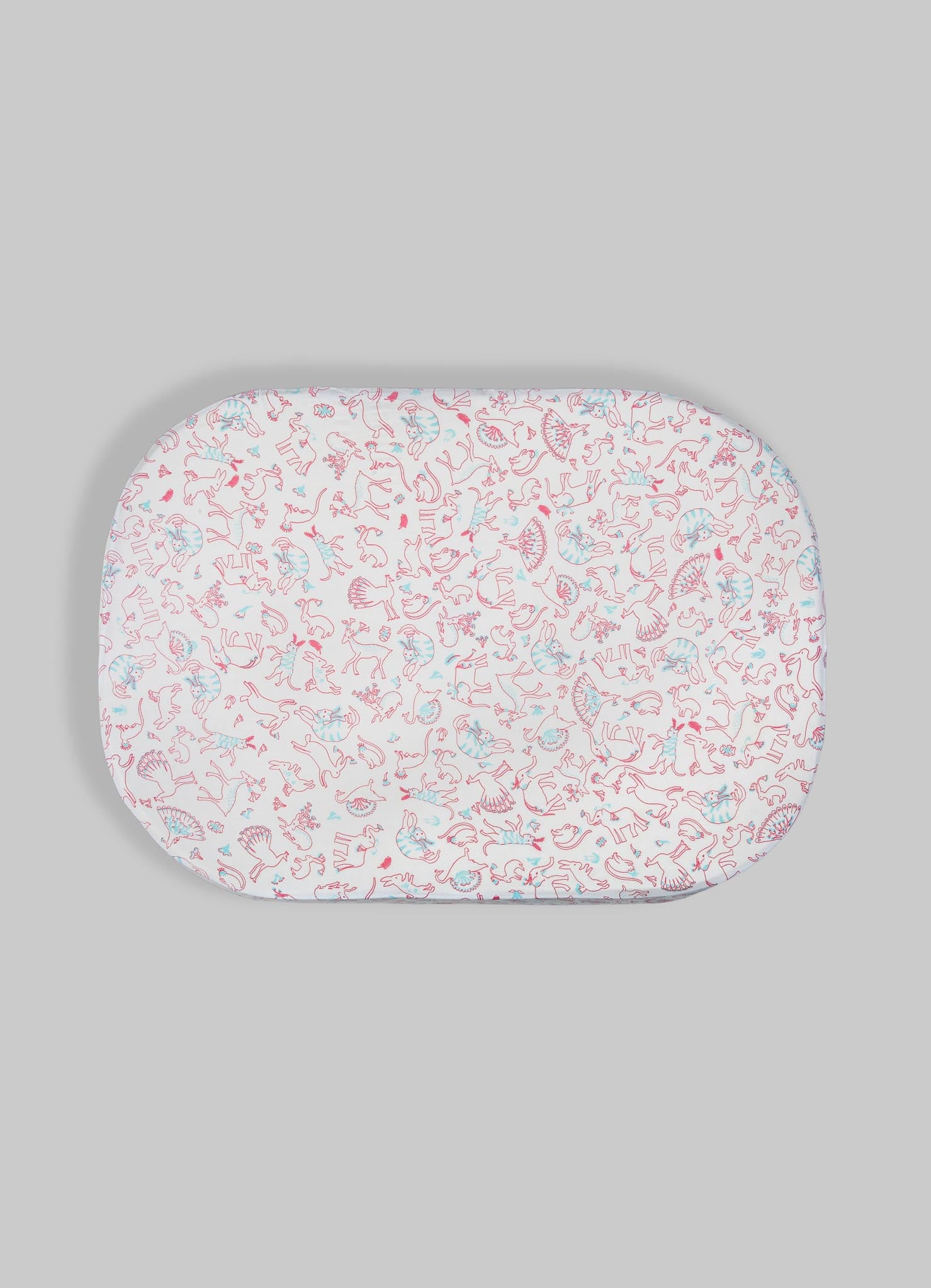 A rectangular tray with rounded edges, decorated with a pattern of pink and blue line art animal illustrations on a white background.