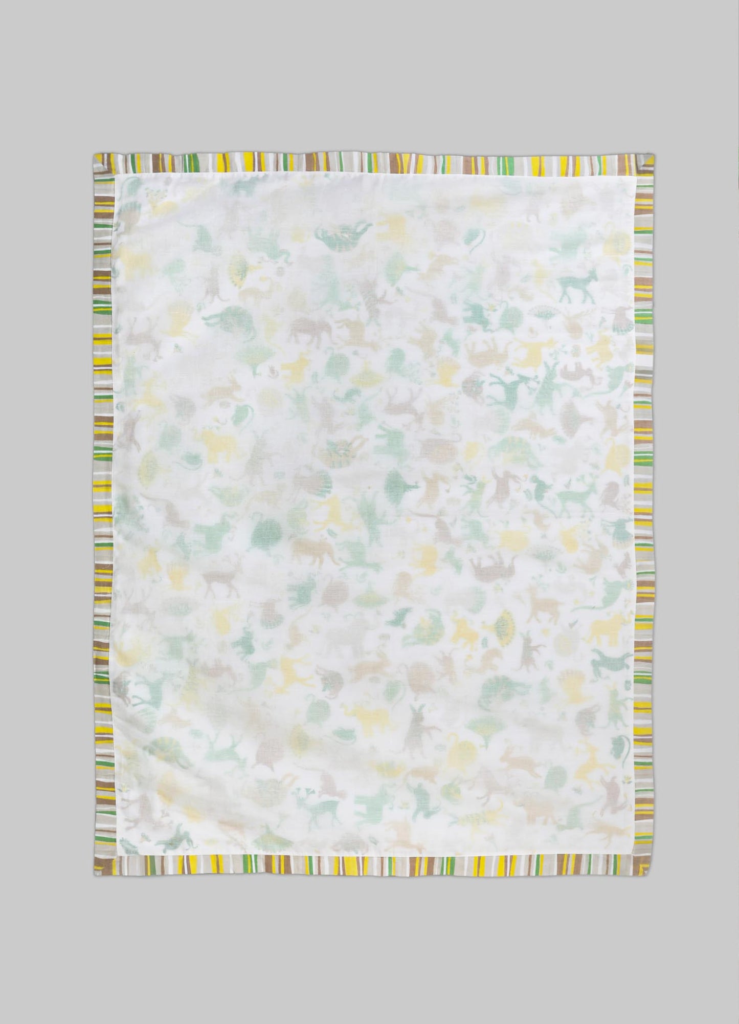 Cotton baby blanket with a multicolored striped border and a subtle pastel animal pattern, featuring elephants, lions, and giraffes in soft shades of yellow, green, and beige.