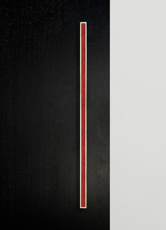 A vertical strip of red marble with a polished finish is set against a textured black background, creating a sleek, modern contrast with a matte white surface on the right. The design emphasizes minimalism and contemporary style with bold color accents and clean lines.