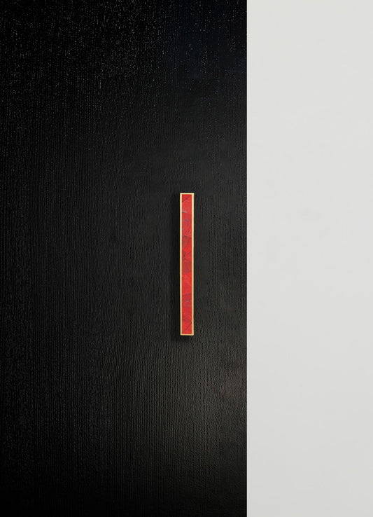 A black textured wall with a slim, vertical red marble and gold metal accent strip mounted in the center. The design has a contemporary and minimalist style with contrasting color tones and clean lines.