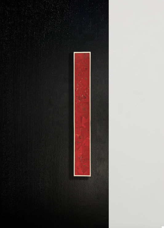 A rectangular wall art piece featuring a red, textured pattern set within a white frame, mounted on a wall with a black textured section adjacent to a smooth white surface.