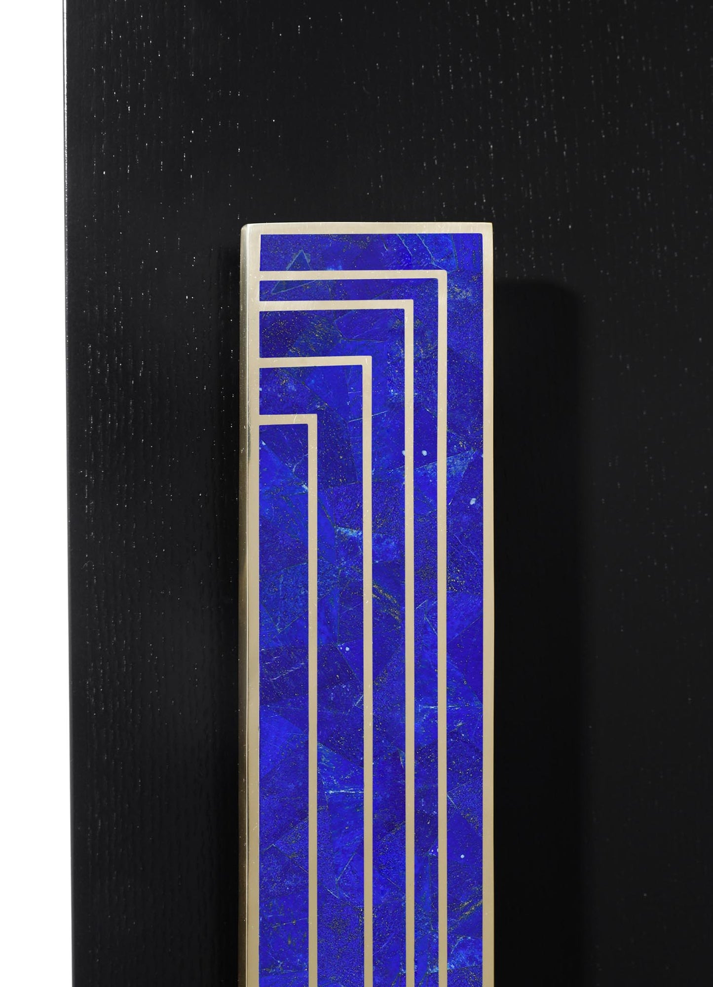 A tall decorative panel with a blue marble pattern and metallic silver geometric lines, mounted on a black background, emphasizing a modern artistic style.