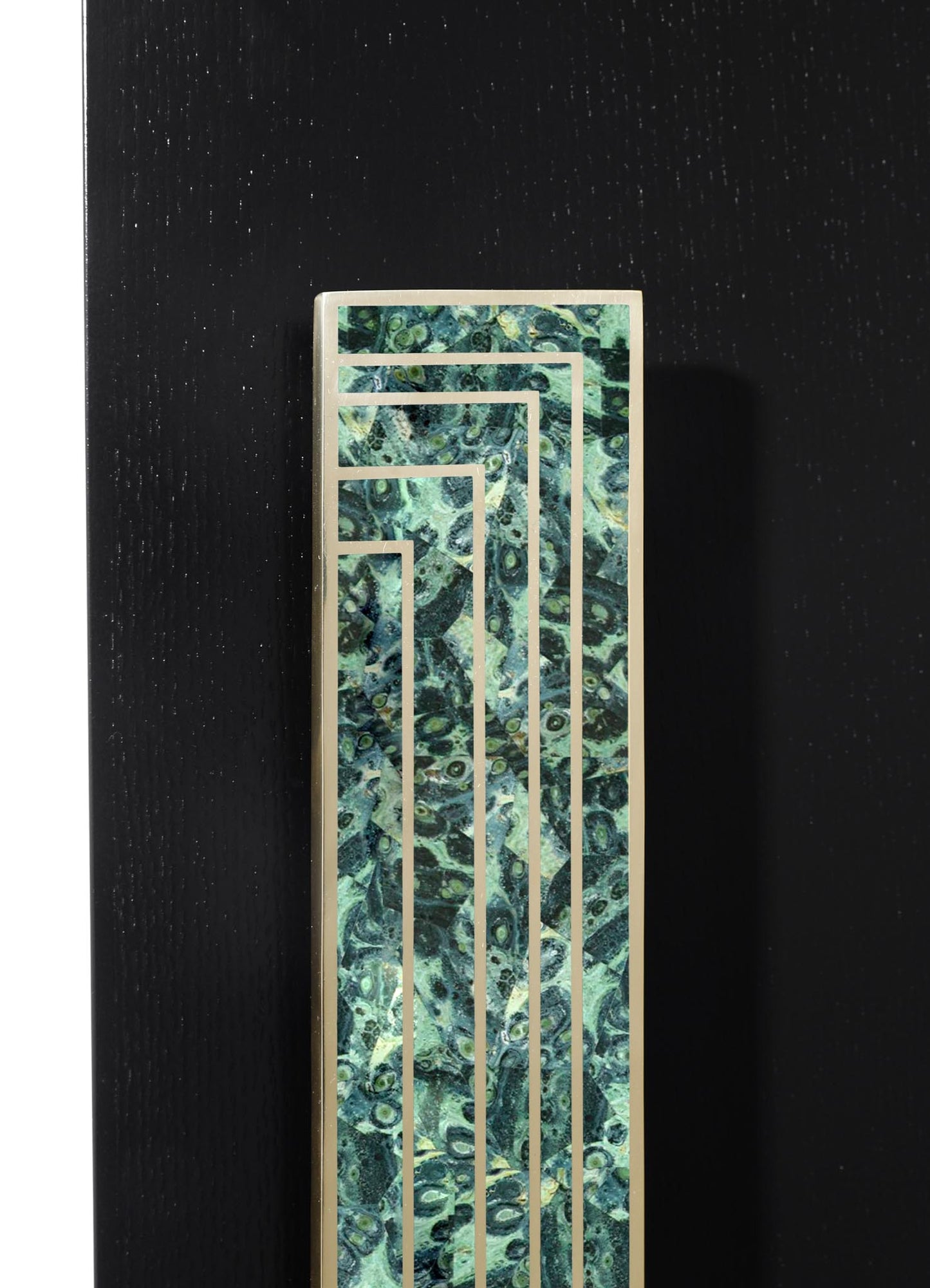 A decorative panel featuring a geometric design with parallel metal bars and an intricate, marbled pattern in shades of green, teal, and blue. The panel has a contemporary style with a polished finish and is mounted against a dark background.
