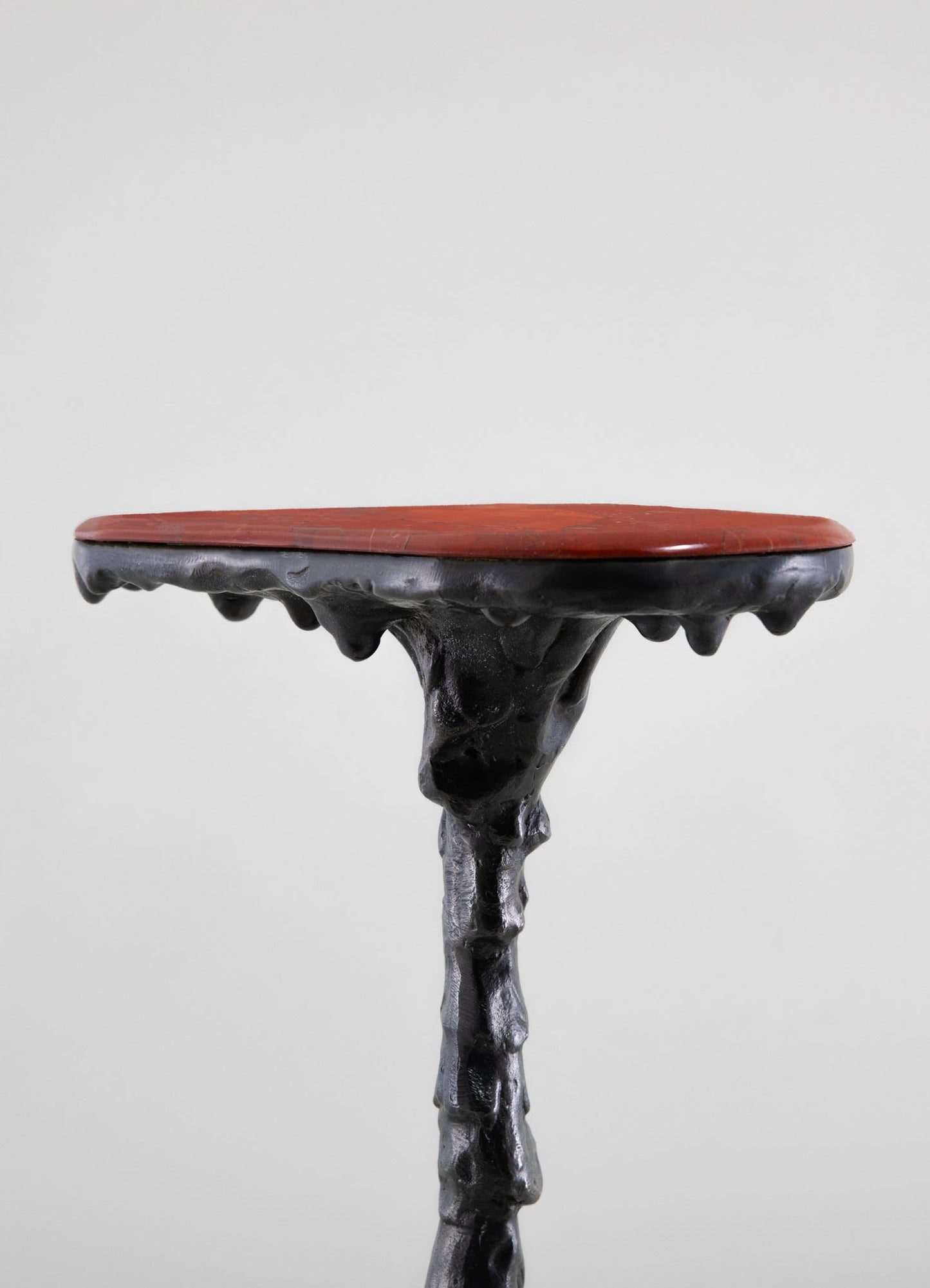 A wooden side table with a sculptural black base resembling organic, flowing shapes, topped with a round, reddish-brown wood surface. The design combines rustic and contemporary styles with natural textures and bold color contrast.