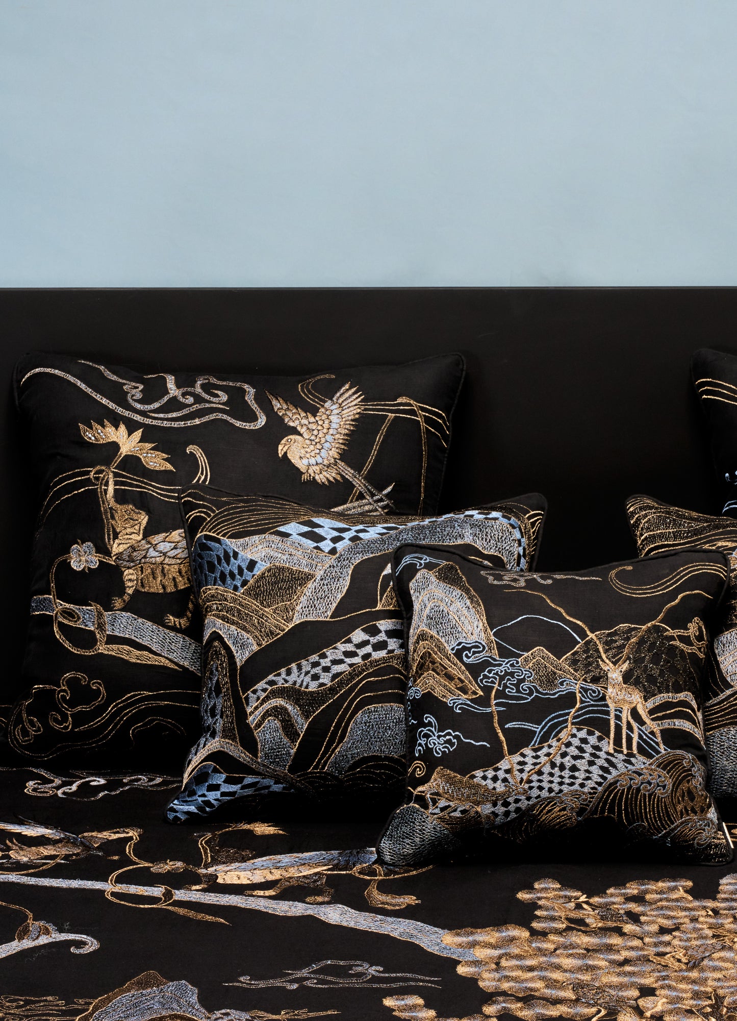 Dreamscape Leophant Black & Gold Embroidered Linen Cushion Cover 24"x24"