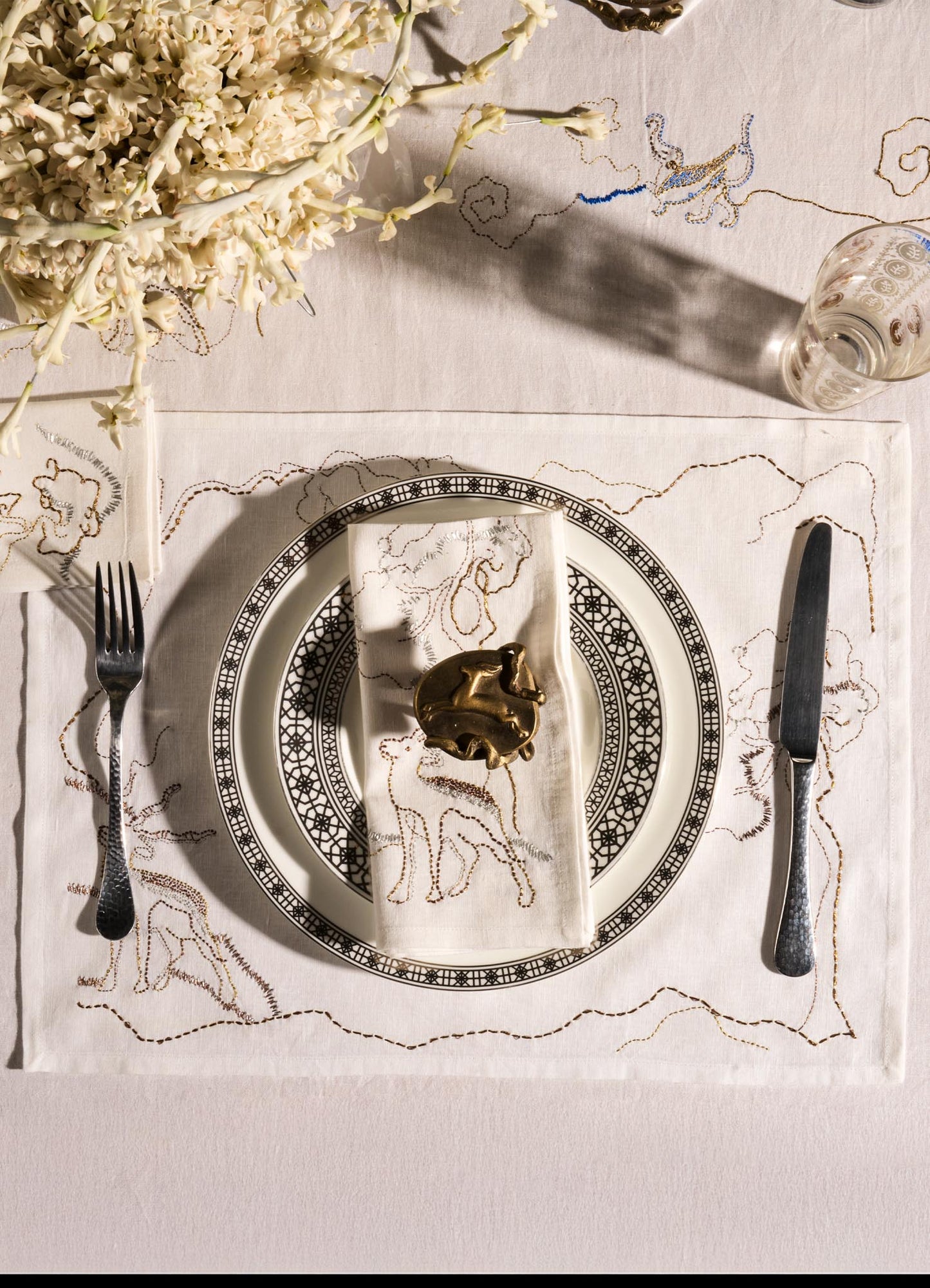 Blackbuck Dreams Hand Embroidered White & Gold Placemat
