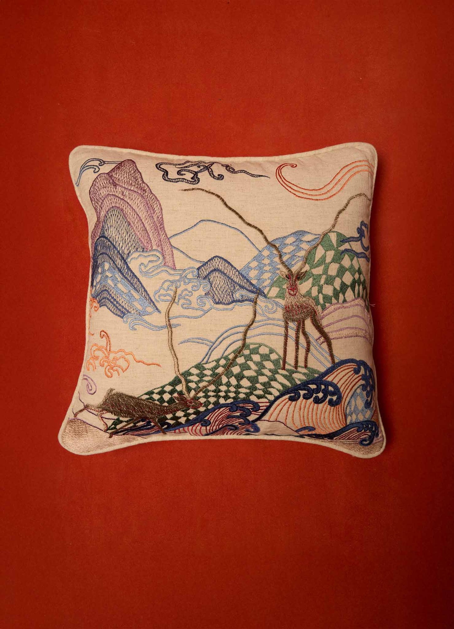 Dreamscape Blackbuck Multicolour Embroidered Cushion Cover 24"x24"