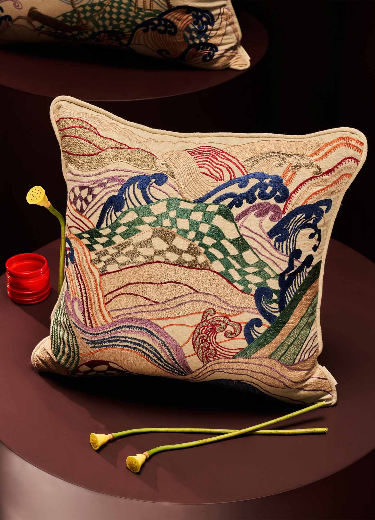 Dreamscape Multicolour Embroidered Cushion Cover 18"x18"