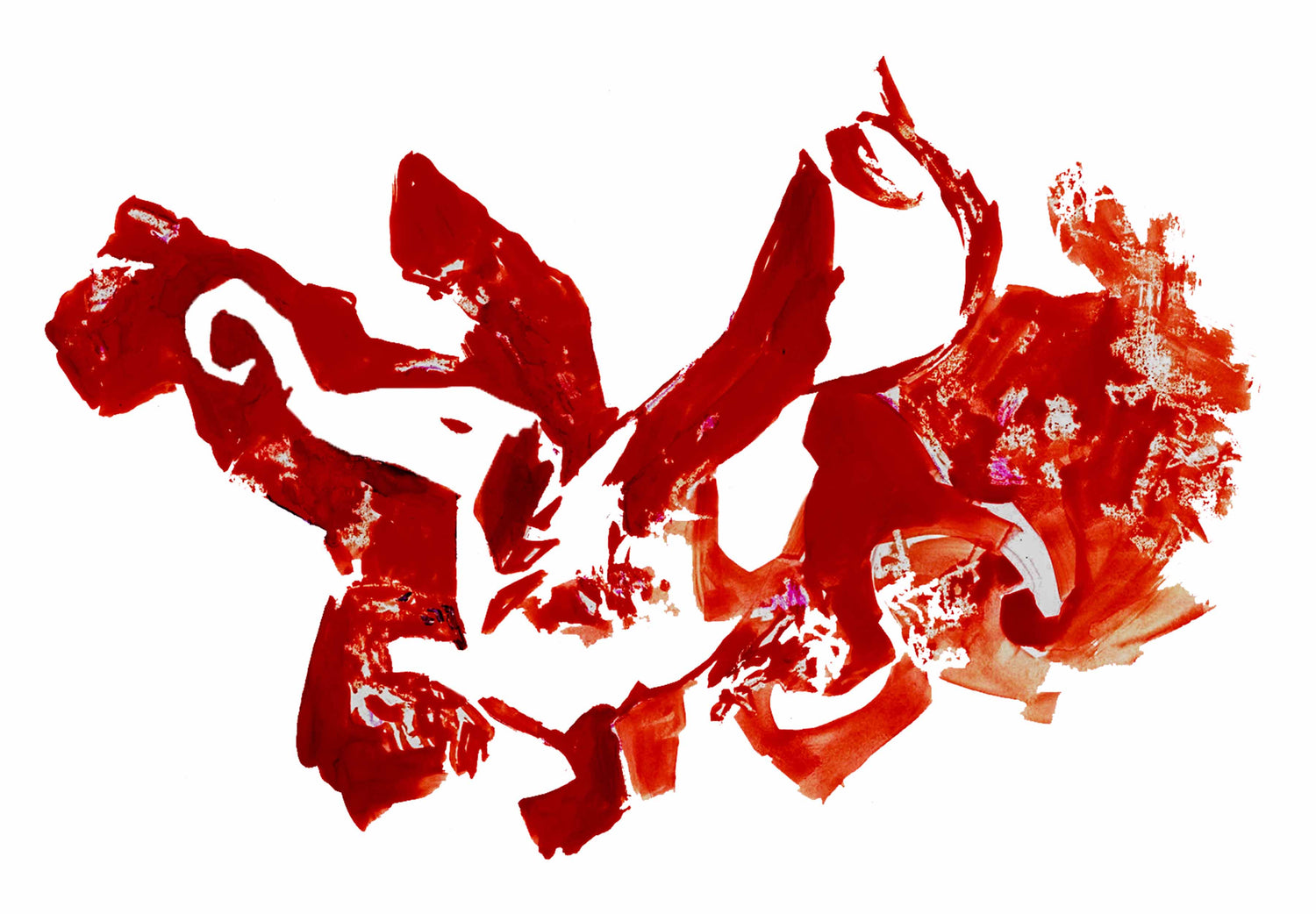 Abstract red watercolor painting with bold brushstrokes and fluid patterns on a white background, creating a dynamic and expressive art piece.