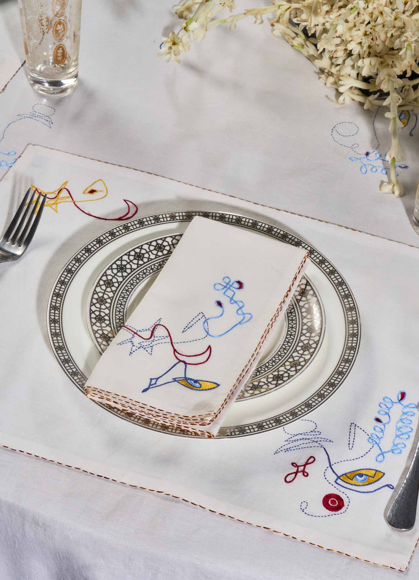 Evil Eye Hand Embroidered White Napkin - Set of 2