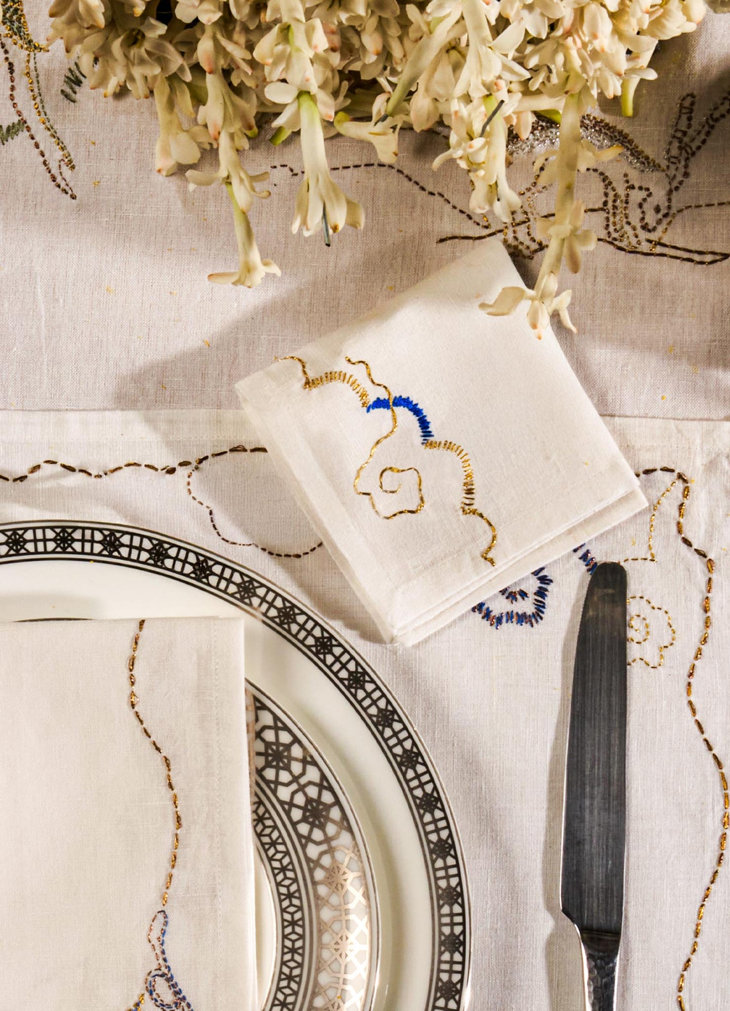 Gajasimha Hand Embroidered White & Gold Cocktail Napkins - Set of 4