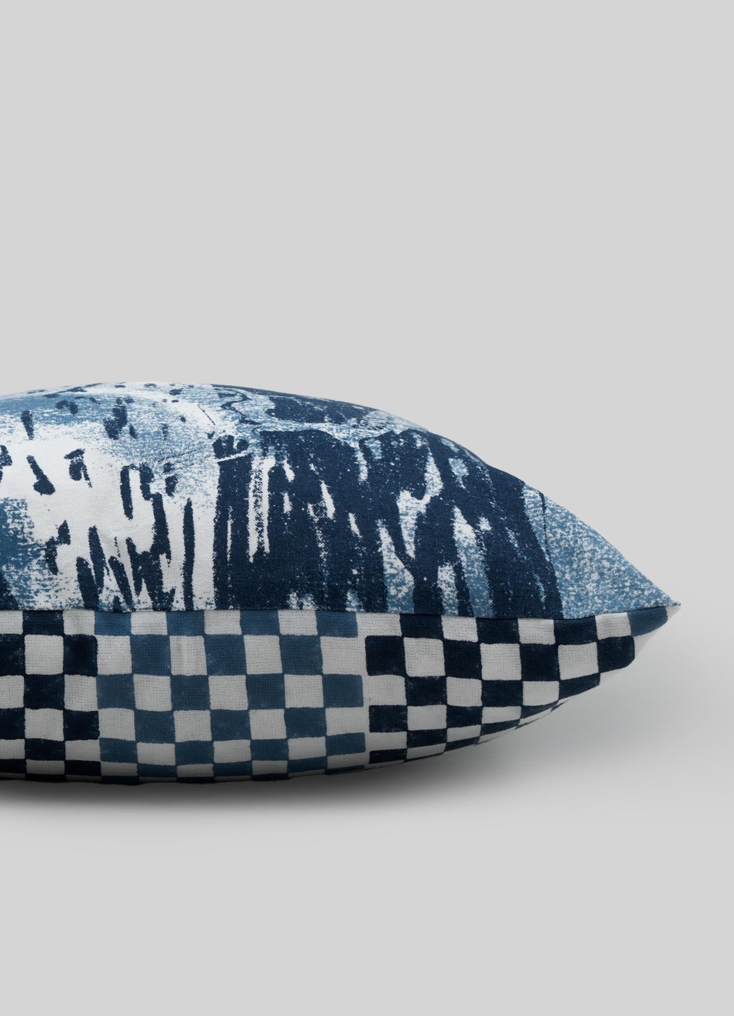 Decorative pillow cover with abstract blue pattern and checkered pattern on a light gray background luxury cushion cushions covers viya