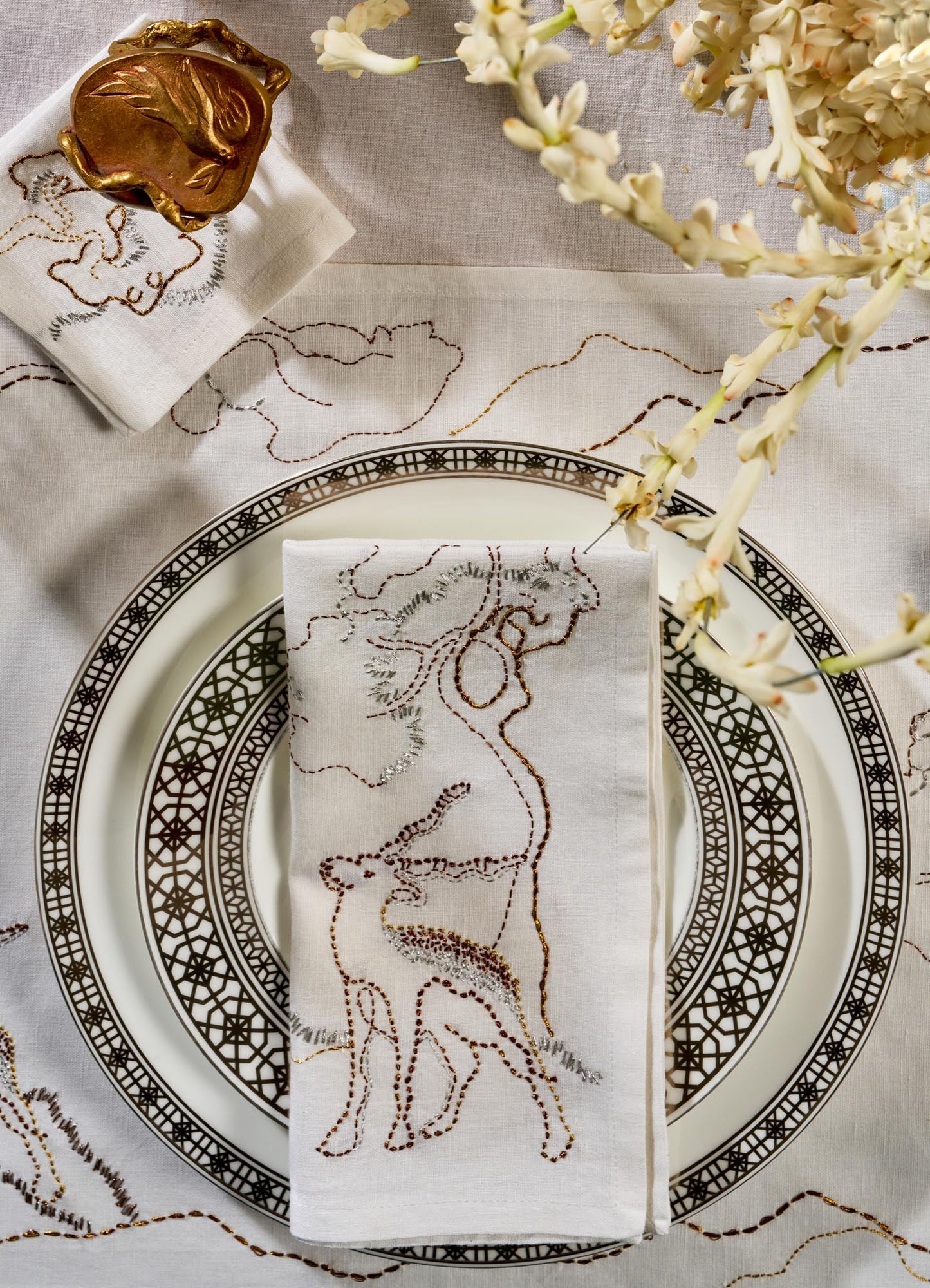 Blackbuck Dreams Hand Embroidered White & Gold Napkin