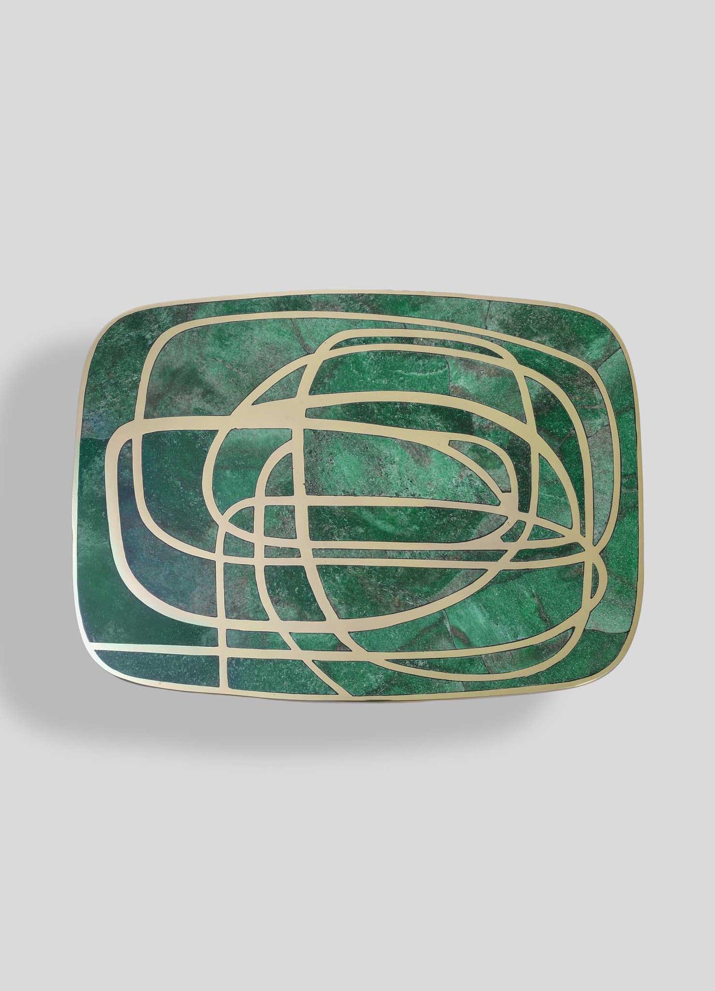 Luxury green malachite side table with gold abstract swirl design, modern rectangular accent furniture for elegant living room or office decor.