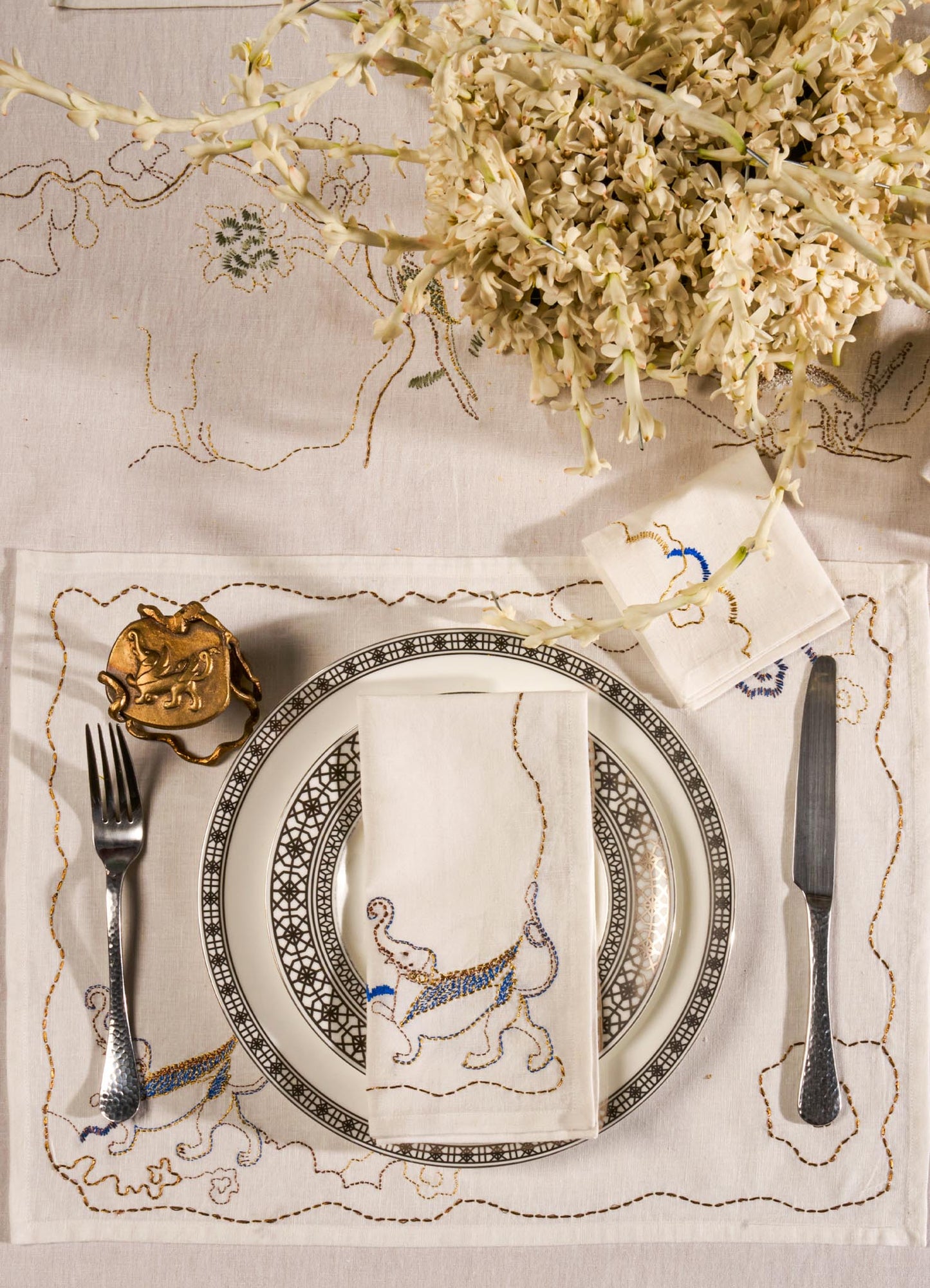 Gajasimha Hand Embroidered White & Gold Placemat