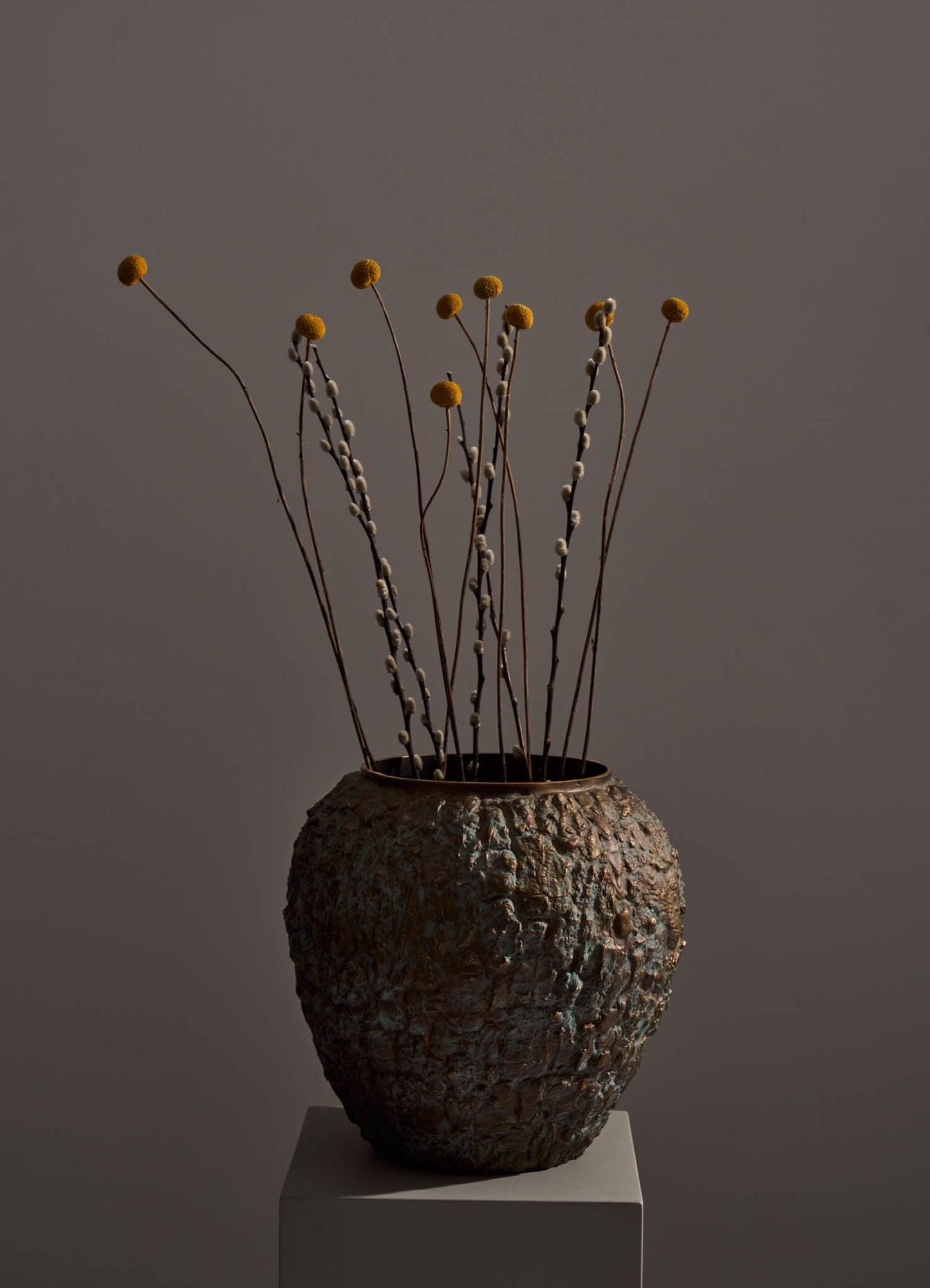 A ceramic vase with a textured, rough surface finish in earthy tones, filled with dried flower stems featuring small rounded yellow buds and white fuzzy catkins.