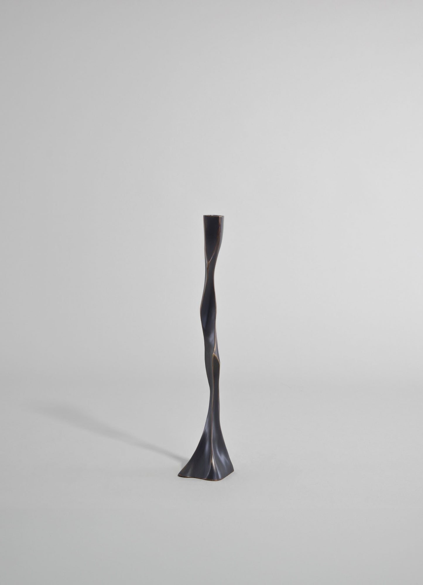 A sculptural table lamp with a twisted, organic form in a dark metallic finish, set against a plain light gray background. The lamp has a slender, elongated shape with a smooth surface, conveying contemporary style and minimal elegance.