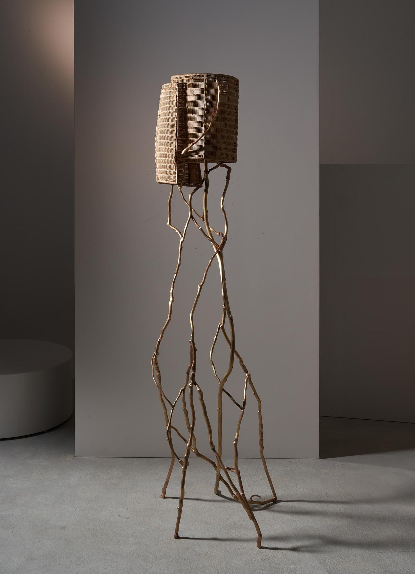 A floor lamp with a woven rattan shade and a sculptural base made of intertwined, natural-colored wooden branches. The design has a contemporary and organic aesthetic, emphasizing natural materials and textures.