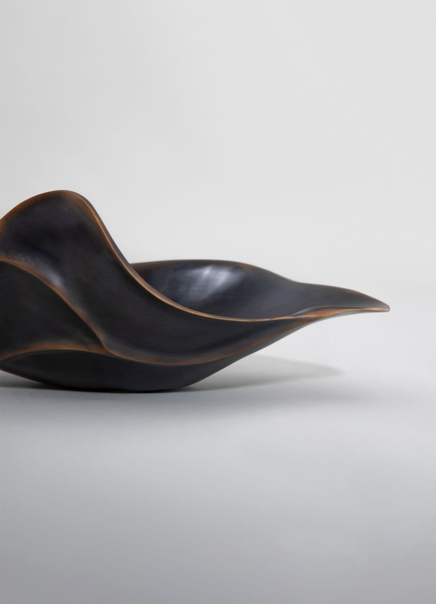 A black wooden sculpture with a smooth, organic form and flowing curves, set against a plain white background. The piece exhibits a contemporary and minimalist style with a polished finish.