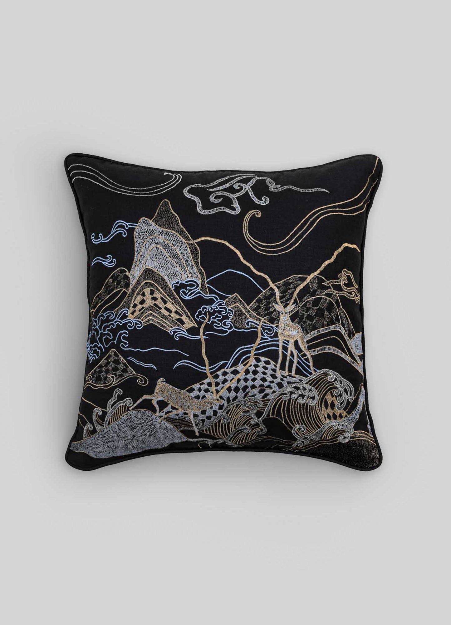 Dreamscape Blackbuck Black & Gold Embroidered Linen Cushion Cover 24"x24"