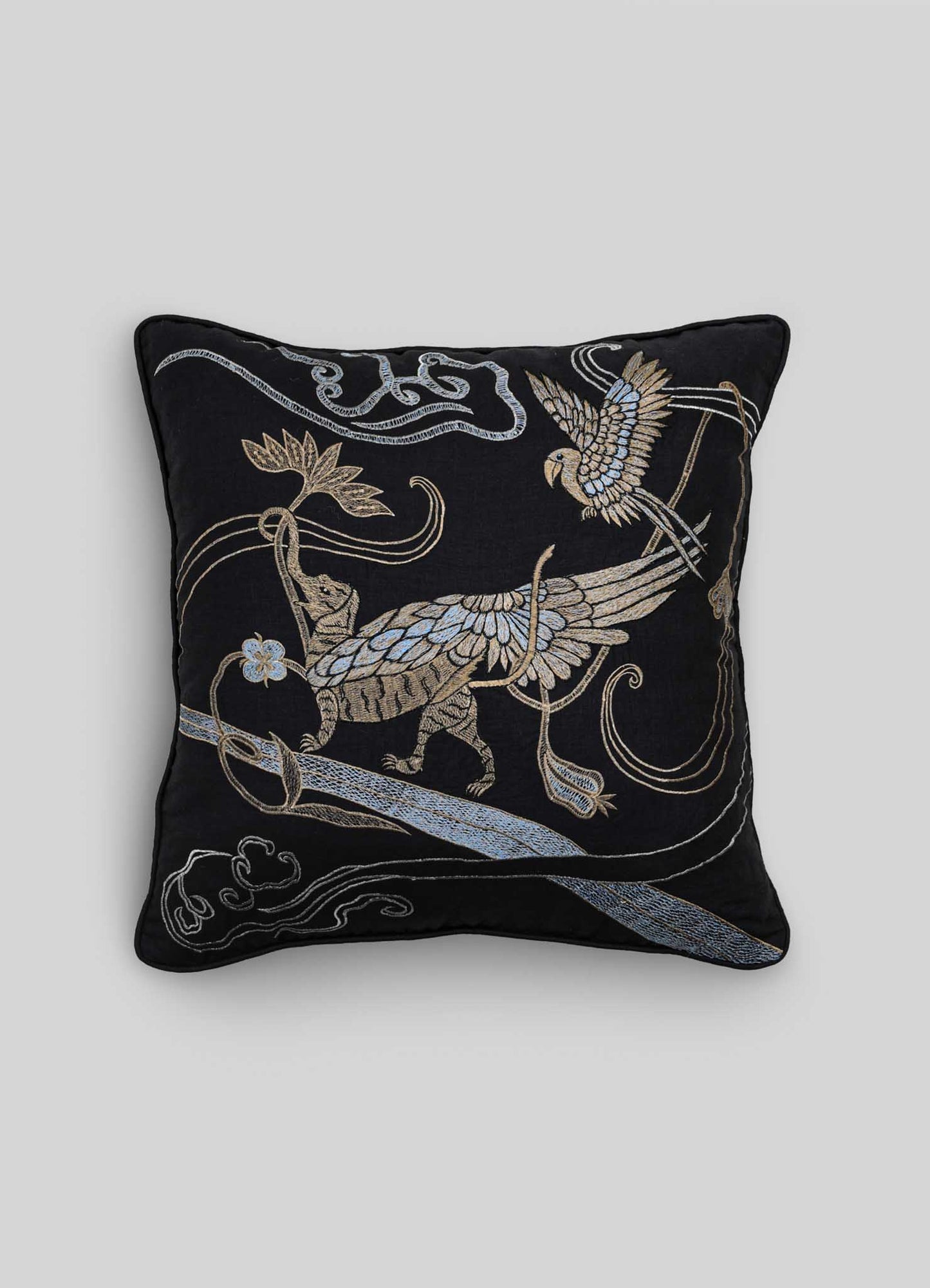 Dreamscape Leophant Black & Gold Embroidered Linen Cushion Cover 24"x24"