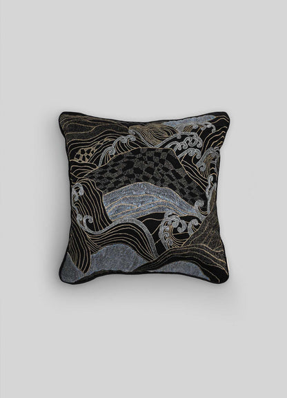 Dreamscape Black & Gold Embroidered Linen Cushion Cover 18"x18"