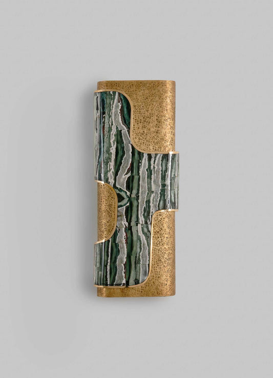 A decorative wall sconce featuring brass and marble materials with geometric curved shapes, combining polished gold-tone brass with green and white veined marble in an abstract pattern.