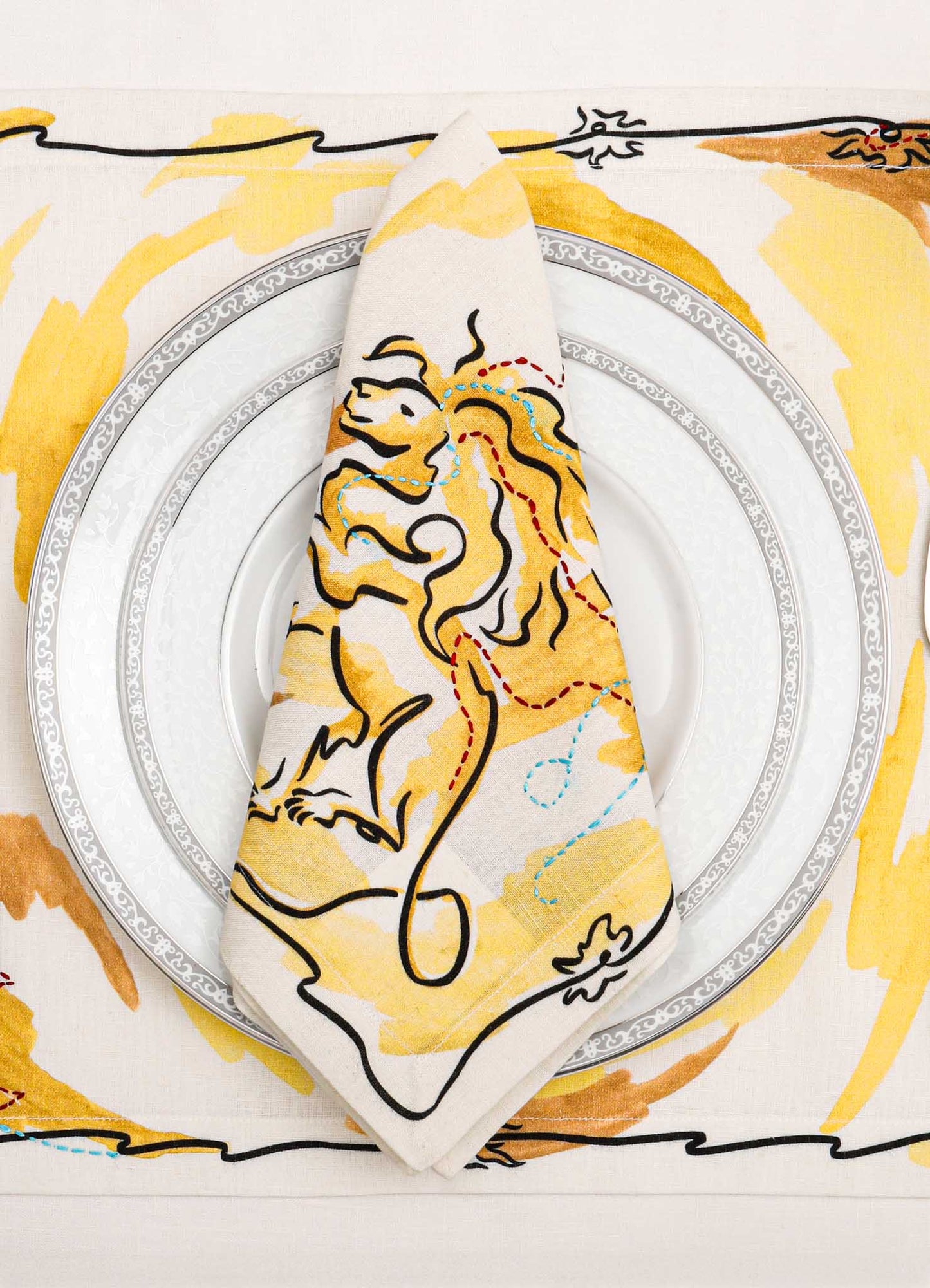 Leo Printed & Hand Embroidered Yellow Napkin