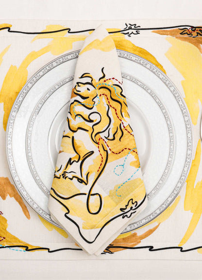 Leo Printed & Hand Embroidered Yellow Napkin