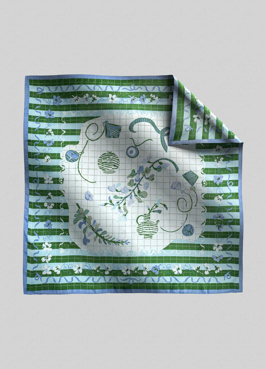 Flowers And Objects Green & Blue Silk Scarf