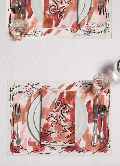 Aries Printed & Hand Embroidered Red Placemat
