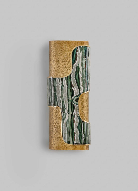 An artistic wall-mounted sculpture combining green and white marble with textured gold accents, featuring geometric flowing lines and a contemporary style.