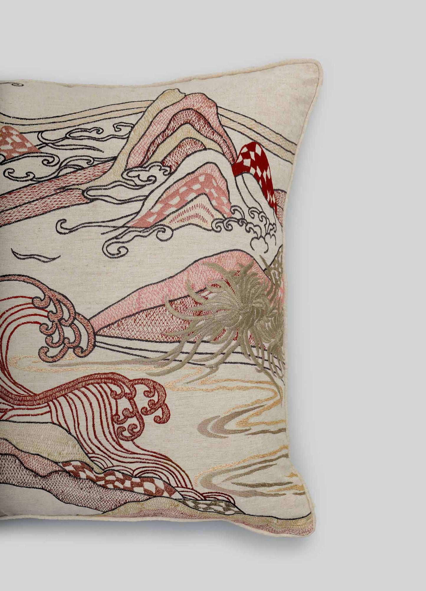 Dreamscape Red Embroidered Cushion Cover A 24"x24"