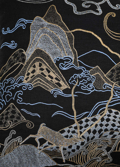 Dreamscape Blackbuck Black & Gold Embroidered Linen Cushion Cover 24"x24"