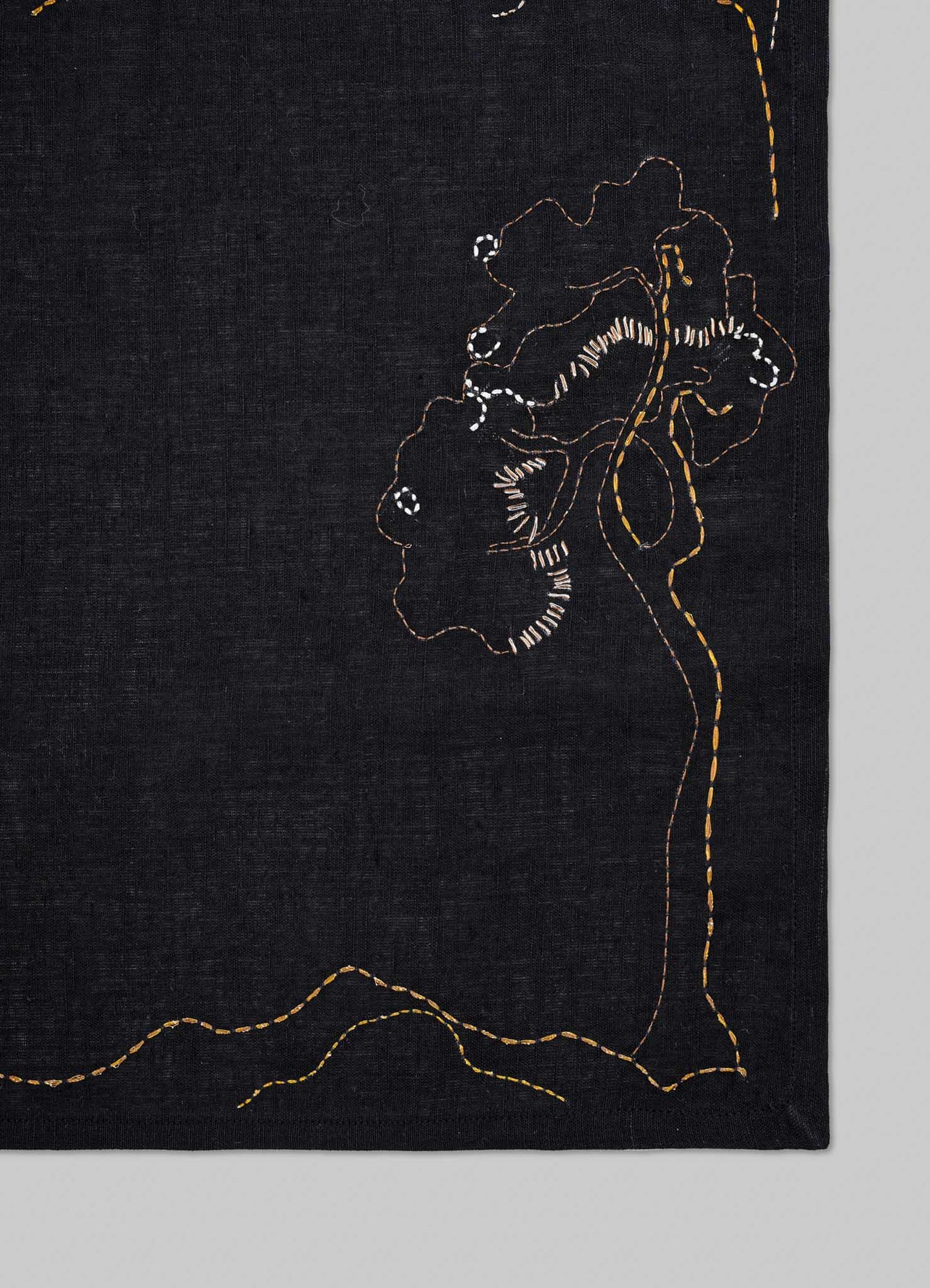 Embroidered floral design on a black fabric background viya design