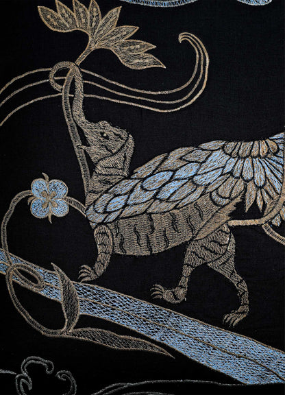 Dreamscape Leophant Black & Gold Embroidered Linen Cushion Cover 24"x24"
